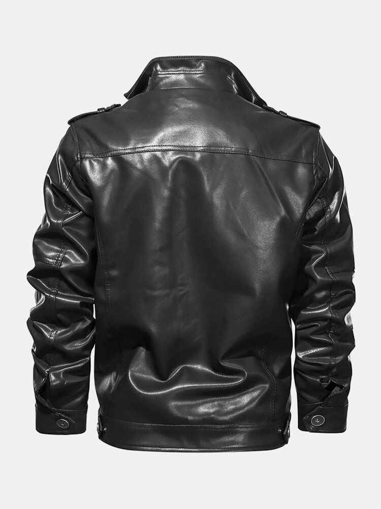 Veste De Moto À Manches Longues En Cuir Pu Noir Avec Poche Pour Homme