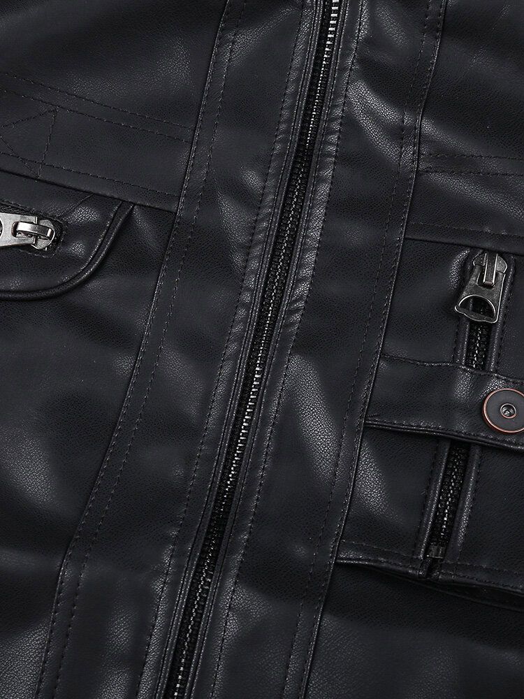 Veste De Moto À Manches Longues En Cuir Pu Noir Avec Poche Pour Homme