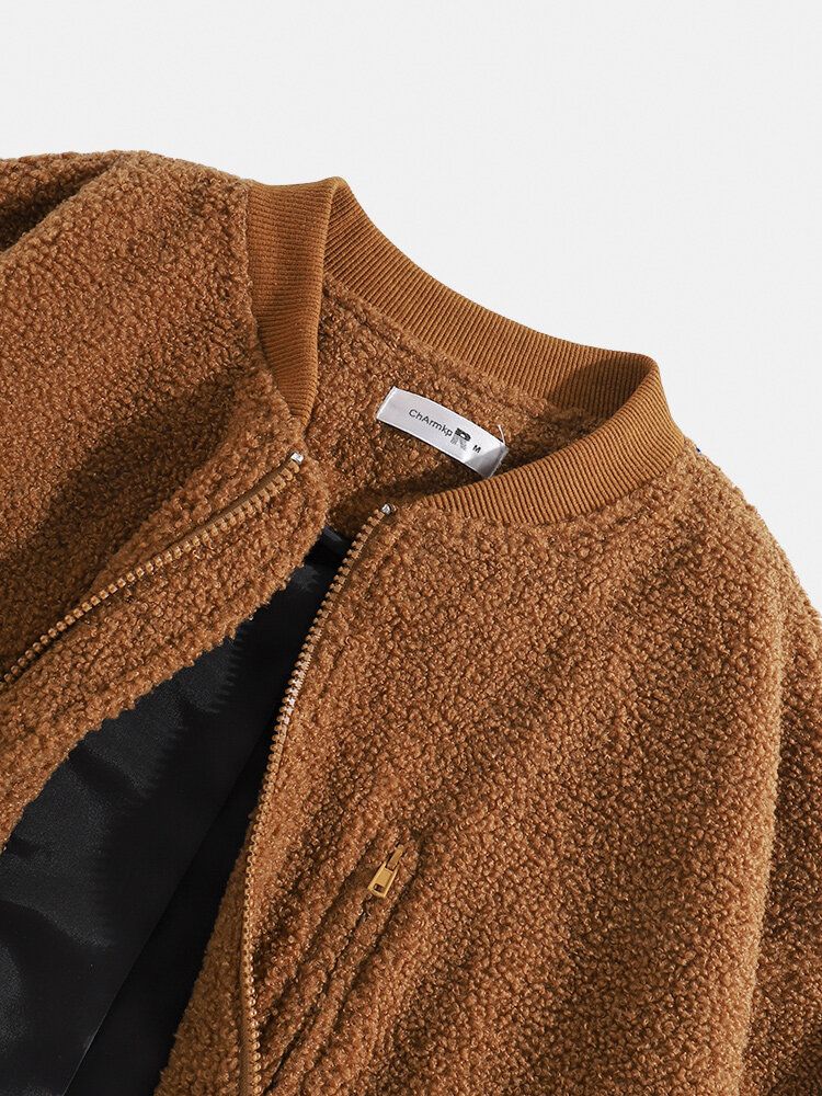 Veste En Peluche Décontractée À Col De Baseball Avec Fermeture Éclair Pour Homme Avec Poche