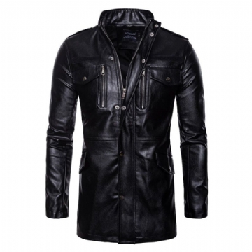 Veste En Similicuir Noir Mi-long Pour Homme Avec Poche Et Col Montant