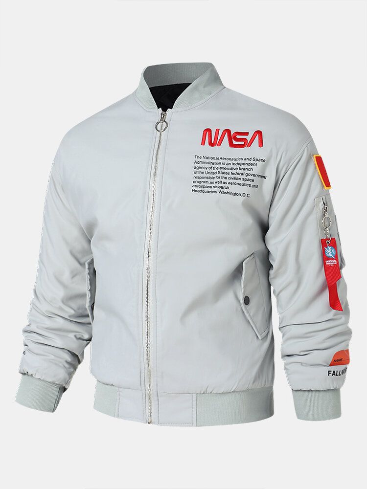 Vestes De Loisirs Pour Hommes Brodées Nasa Letter Zip Pocket Baseball Collar