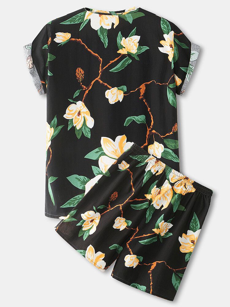 Vêtements De Détente Courts Confortables En Coton Ample À Col En V Avec Imprimé Floral Pour Hommes Avec Poche