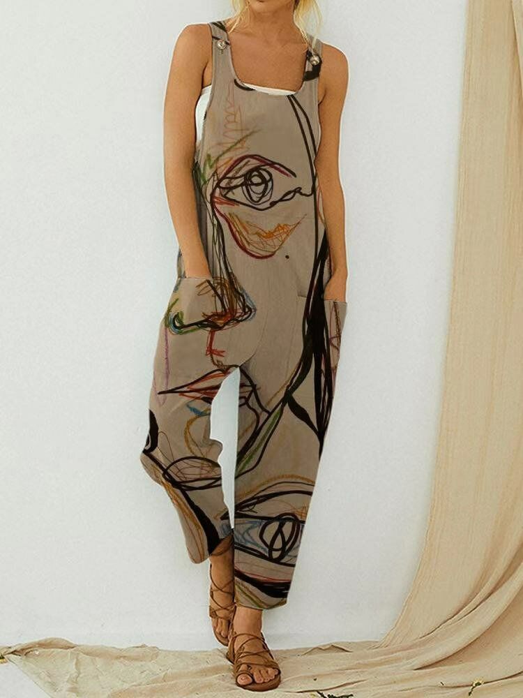 Vintage Abstract Art Illustration Print Straps Women Jumpsuit With Pocket