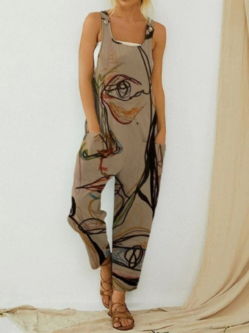 Vintage Abstract Art Illustration Print Straps Women Jumpsuit With Pocket