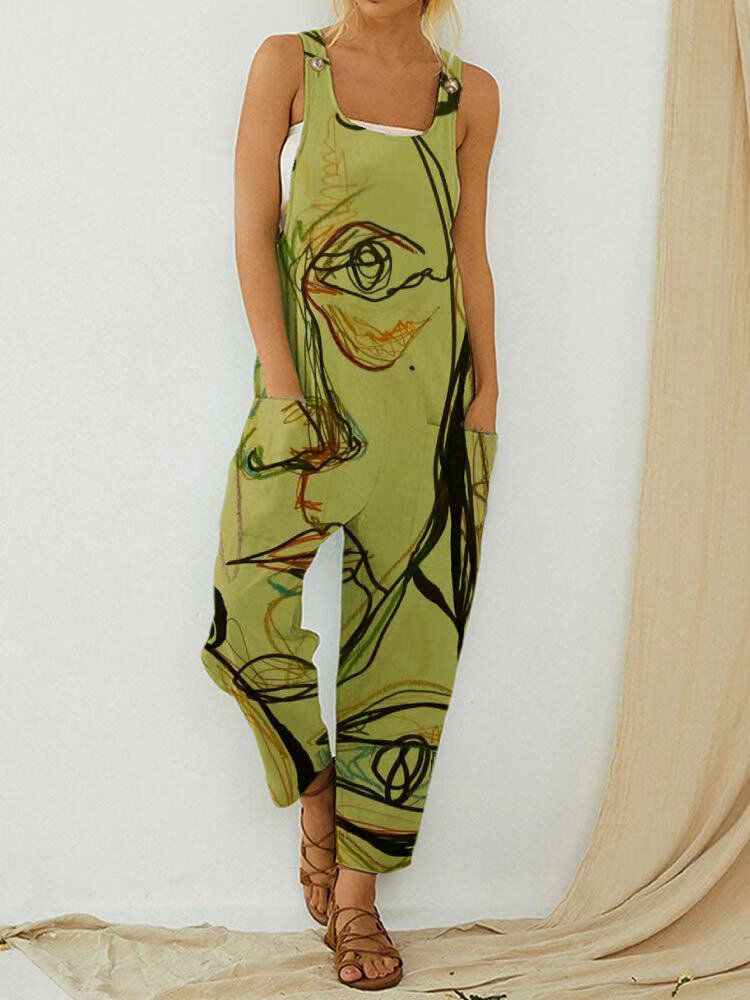 Vintage Abstract Art Illustration Print Straps Women Jumpsuit With Pocket