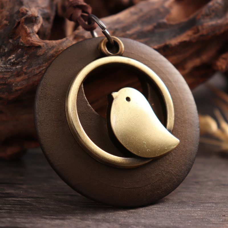 Vintage Alliage Oiseau Rond Plaque De Bois Pendentif Long Collier Femmes Lothing Accessoires