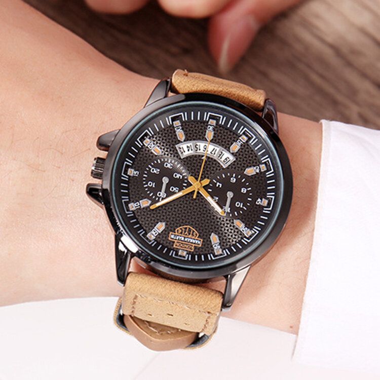 Vintage Avec Calendrier Cadran Rond Respirant Bracelet En Cuir Pu Étanche Hommes Montre À Quartz