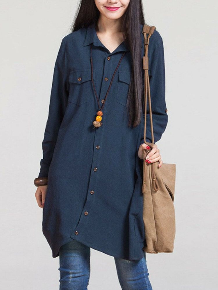 Vintage Casual Loose Solid Buttons For Closure Blouse For Women