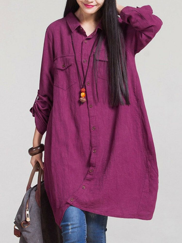 Vintage Casual Loose Solid Buttons For Closure Blouse For Women