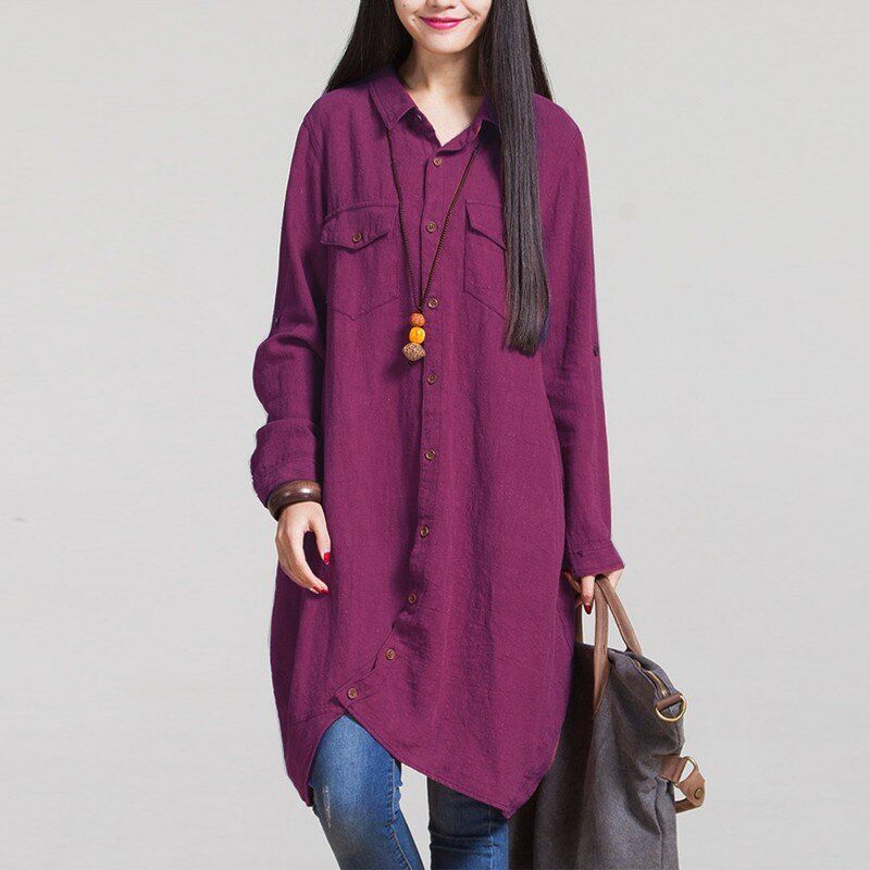 Vintage Casual Loose Solid Buttons For Closure Blouse For Women