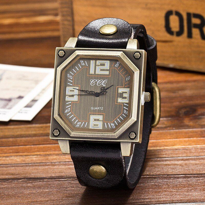 Vintage Décontracté Cadran Carré Octogone Réglable Bracelet En Cuir Hommes Montre À Quartz Montre-bracelet