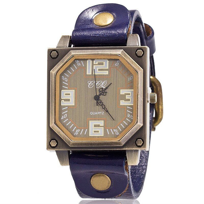 Vintage Décontracté Cadran Carré Octogone Réglable Bracelet En Cuir Hommes Montre À Quartz Montre-bracelet