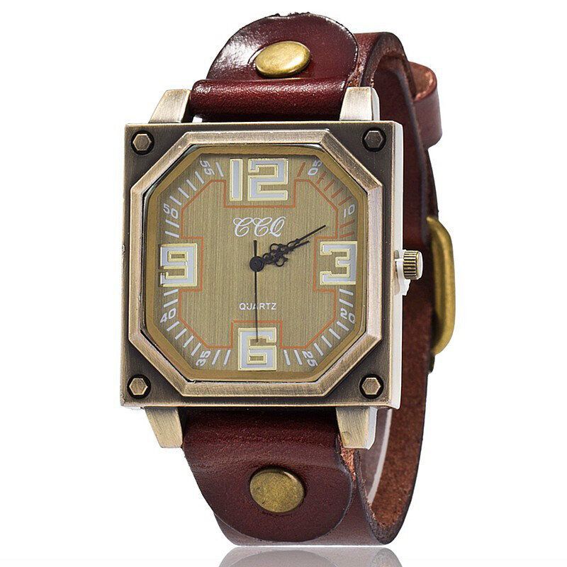 Vintage Décontracté Cadran Carré Octogone Réglable Bracelet En Cuir Hommes Montre À Quartz Montre-bracelet