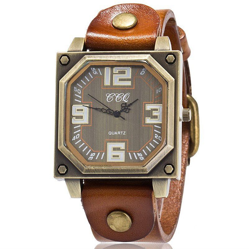 Vintage Décontracté Cadran Carré Octogone Réglable Bracelet En Cuir Hommes Montre À Quartz Montre-bracelet