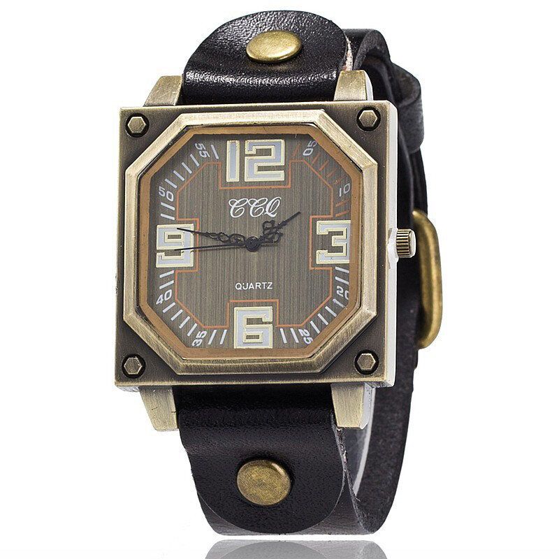 Vintage Décontracté Cadran Carré Octogone Réglable Bracelet En Cuir Hommes Montre À Quartz Montre-bracelet