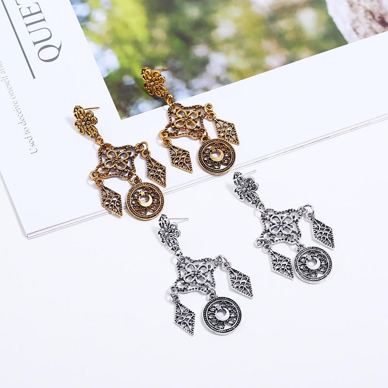 Vintage Ear Drop Boucles D'oreilles Creux Losange Géométrique Lune Étoile Motif Boucle D'oreille Pour Les Femmes