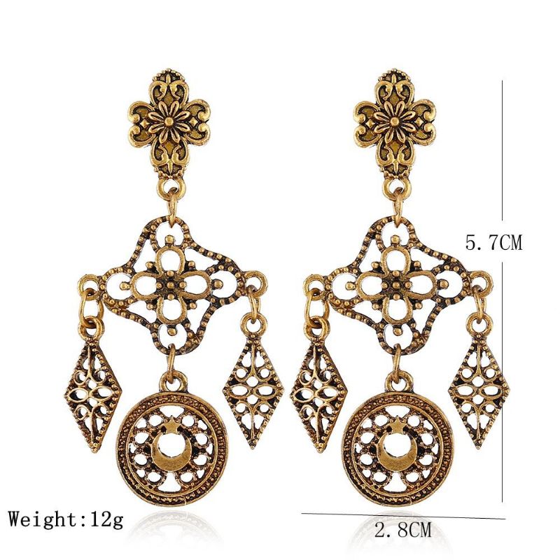 Vintage Ear Drop Boucles D'oreilles Creux Losange Géométrique Lune Étoile Motif Boucle D'oreille Pour Les Femmes