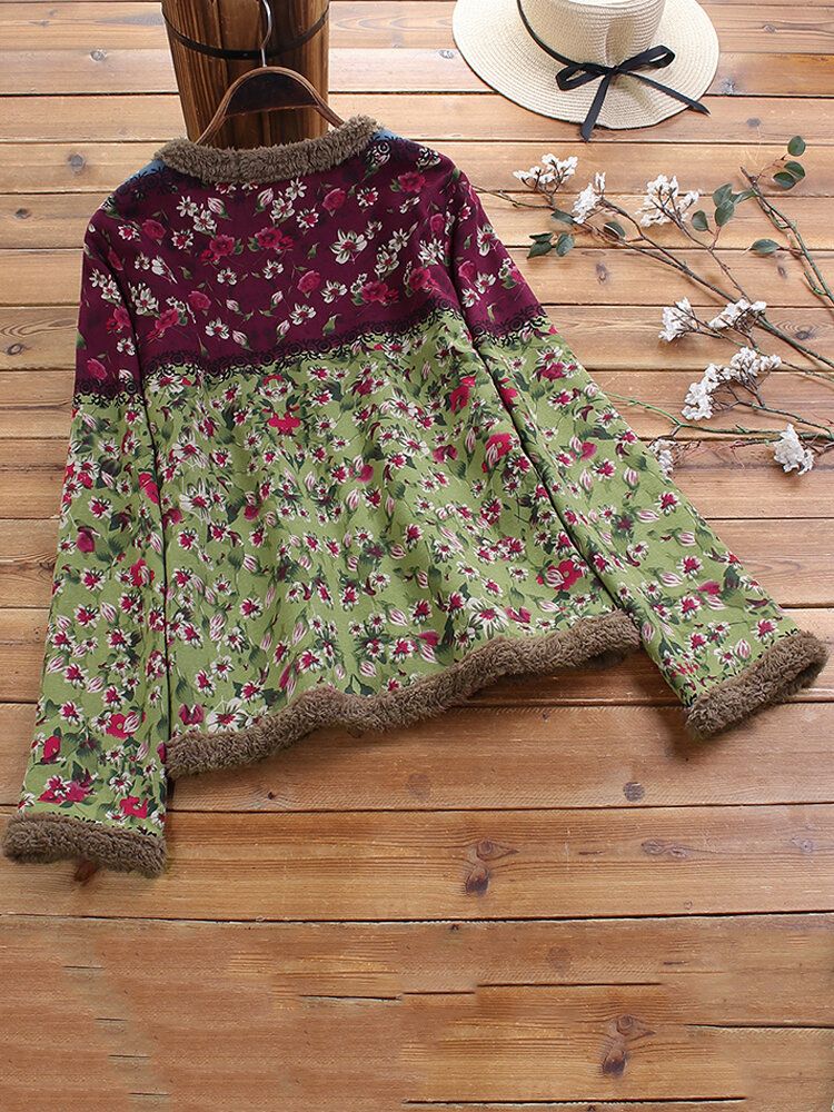 Vintage Floral Print O-cou Manches Longues Manteaux Épais Veste