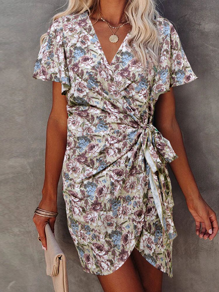 Vintage Flower Print Wrap Body Tie V-cou Mini-robe Courte