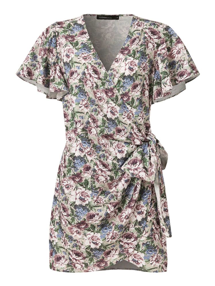 Vintage Flower Print Wrap Body Tie V-cou Mini-robe Courte