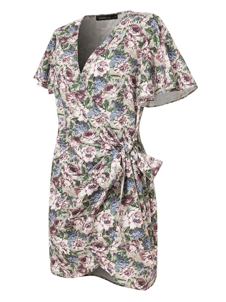 Vintage Flower Print Wrap Body Tie V-cou Mini-robe Courte