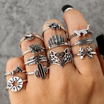 Vintage Géométrique Animal Anneaux Ensemble Creux Cactus Renards Knuckle Anneau Bijoux À La Mode Pour Les Femmes