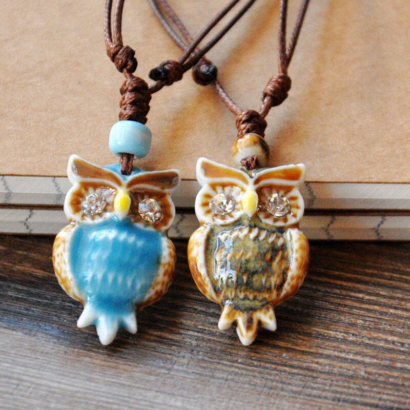 Vintage Géométrique Strass Hibou Pendentif Cordon Collier Ethnique À La Main En Céramique Réglable Long Collier