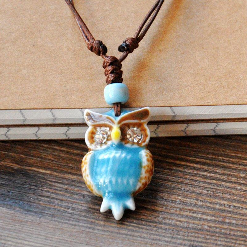 Vintage Géométrique Strass Hibou Pendentif Cordon Collier Ethnique À La Main En Céramique Réglable Long Collier