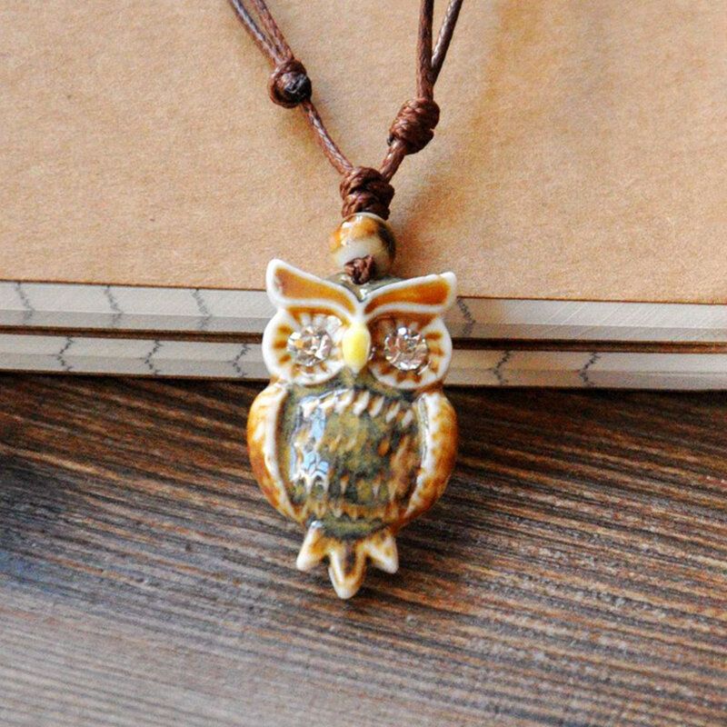 Vintage Géométrique Strass Hibou Pendentif Cordon Collier Ethnique À La Main En Céramique Réglable Long Collier