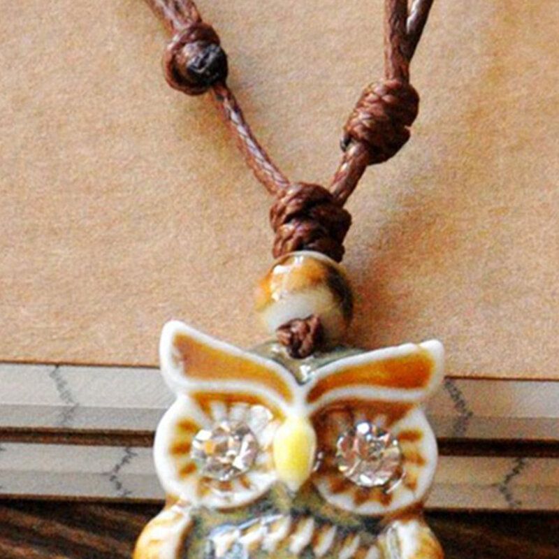 Vintage Géométrique Strass Hibou Pendentif Cordon Collier Ethnique À La Main En Céramique Réglable Long Collier