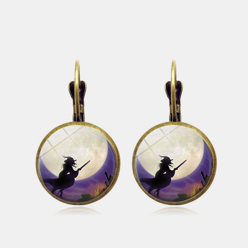 Vintage Halloween Sorcière Boucle D'oreille Bronze Rond Verre Oreille Goutte Femmes Bijoux Cadeaux