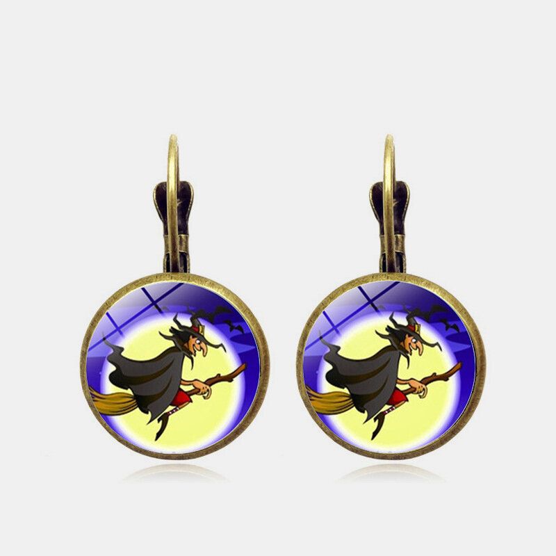 Vintage Halloween Sorcière Boucle D'oreille Bronze Rond Verre Oreille Goutte Femmes Bijoux Cadeaux