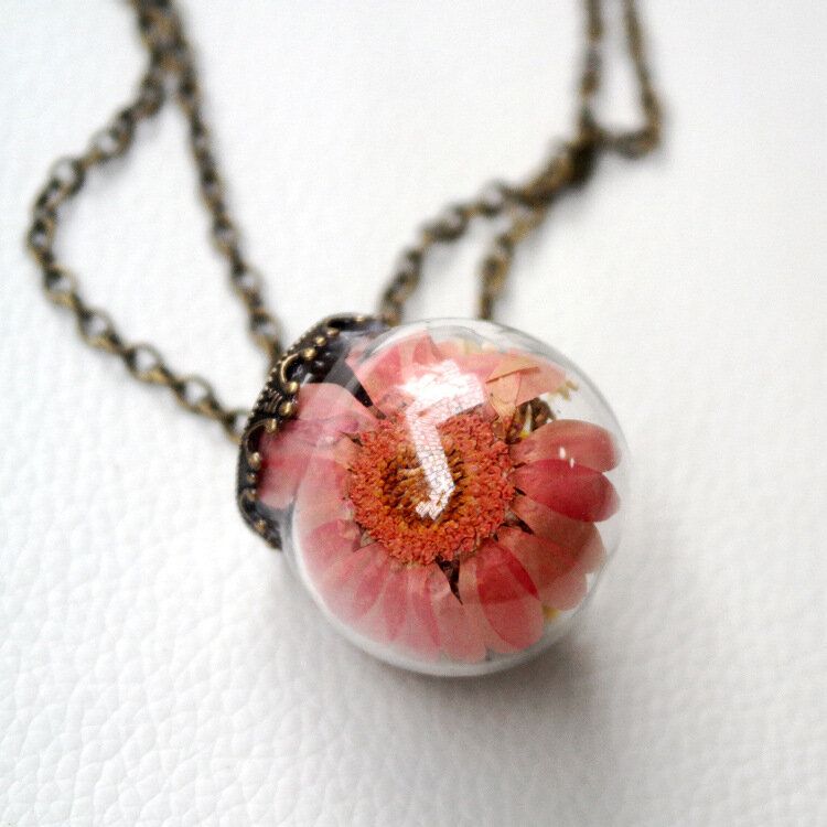 Vintage Marguerite Boule De Verre Transparent Collier Fait À La Main Fleur Séchée Pendentif Long Collier