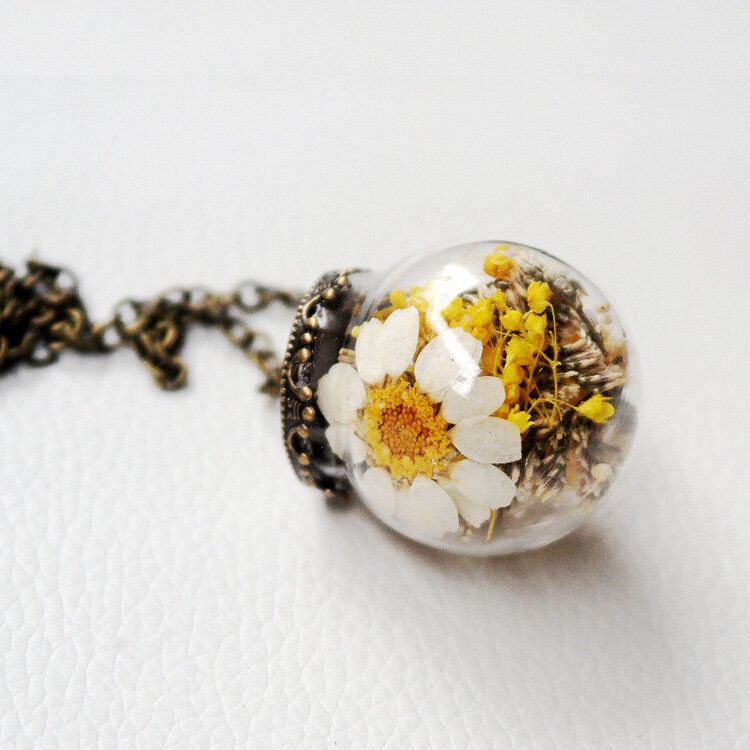 Vintage Marguerite Boule De Verre Transparent Collier Fait À La Main Fleur Séchée Pendentif Long Collier