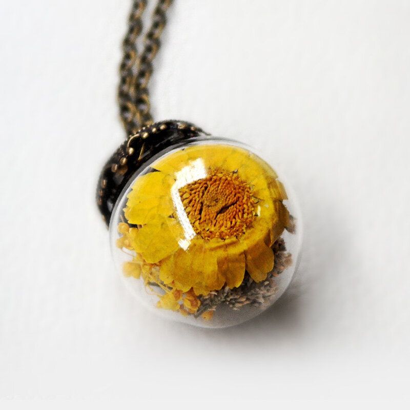 Vintage Marguerite Boule De Verre Transparent Collier Fait À La Main Fleur Séchée Pendentif Long Collier