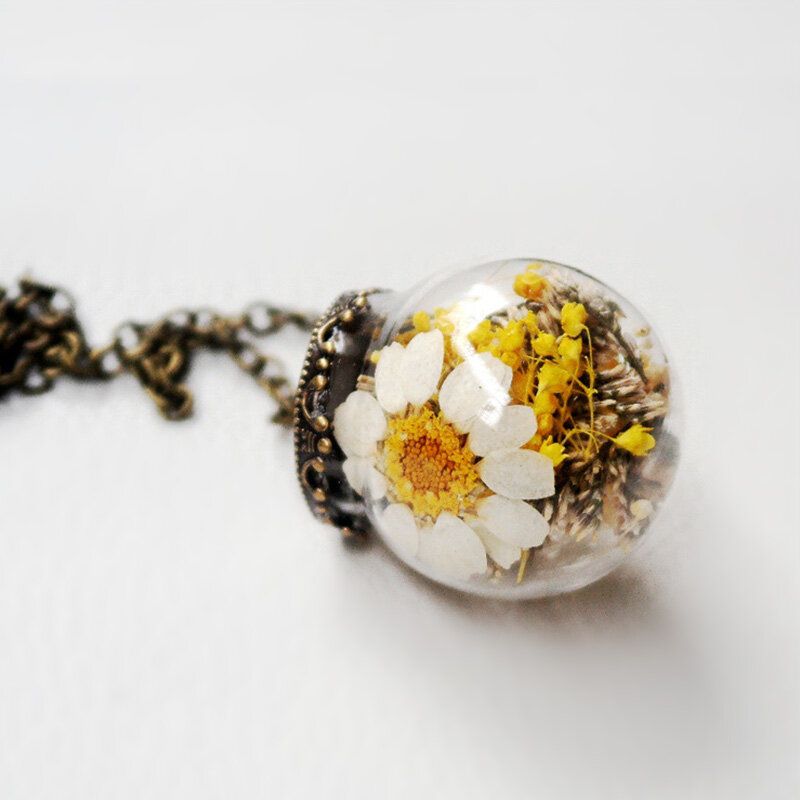 Vintage Marguerite Boule De Verre Transparent Collier Fait À La Main Fleur Séchée Pendentif Long Collier