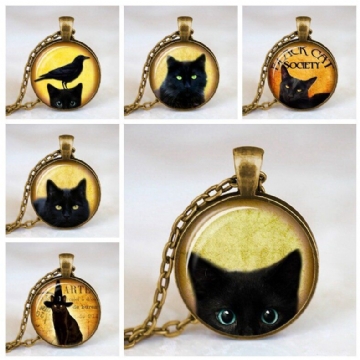 Vintage Métal Verre Mignon Chat Collier Géométrique Rond Animal Imprimé Gem Pendentif Collier