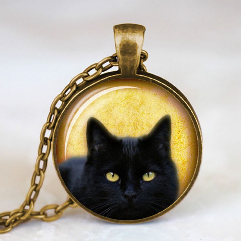 Vintage Métal Verre Mignon Chat Collier Géométrique Rond Animal Imprimé Gem Pendentif Collier