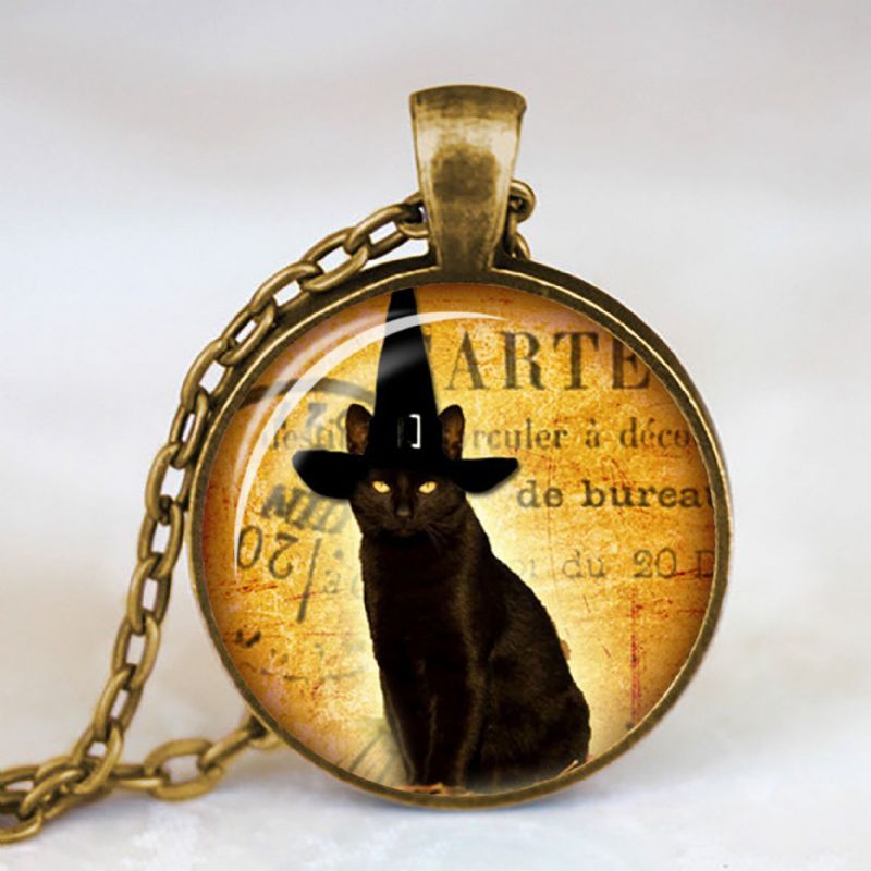 Vintage Métal Verre Mignon Chat Collier Géométrique Rond Animal Imprimé Gem Pendentif Collier