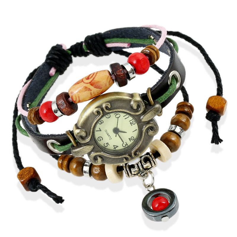 Vintage Multicouche Longueur Réglable En Cuir Véritable Femmes Montre À Quartz Perlée Bracelet Montre