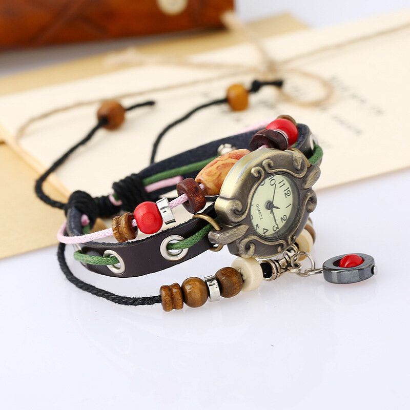 Vintage Multicouche Longueur Réglable En Cuir Véritable Femmes Montre À Quartz Perlée Bracelet Montre