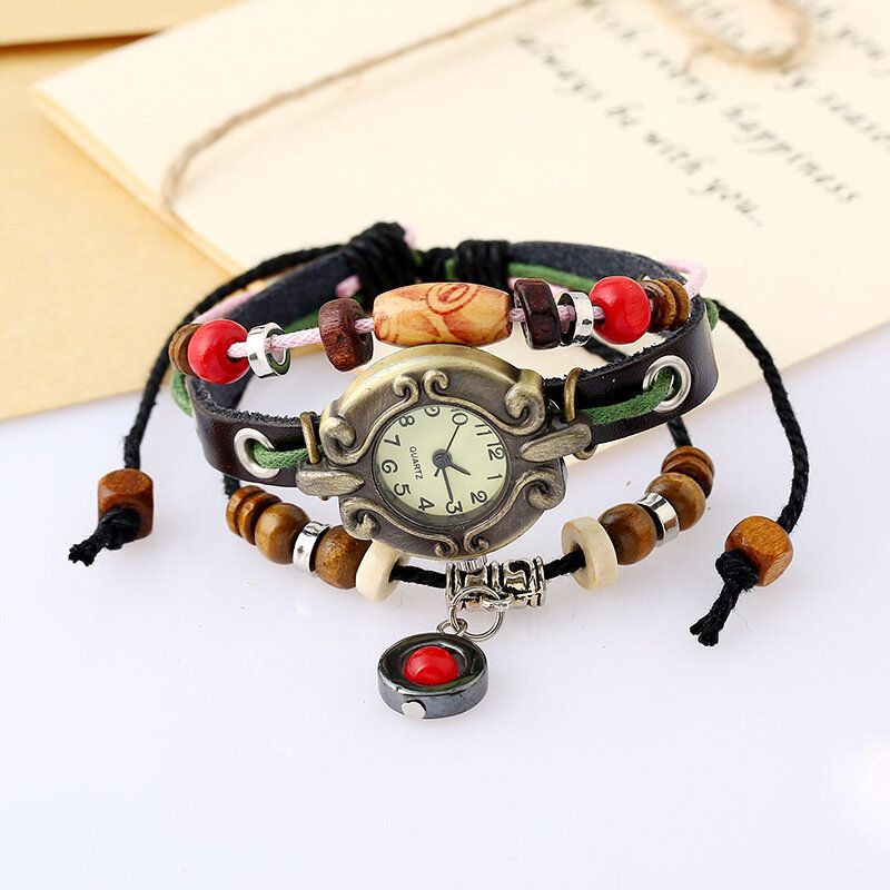 Vintage Multicouche Longueur Réglable En Cuir Véritable Femmes Montre À Quartz Perlée Bracelet Montre