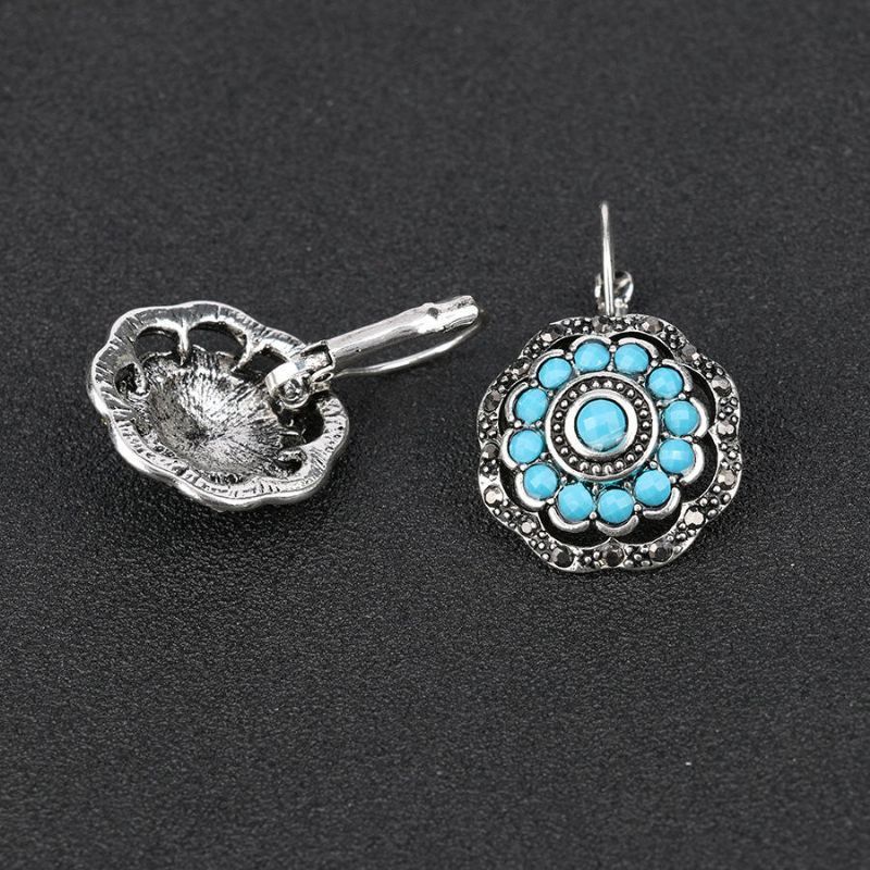 Vintage Oreille Goutte Boucle D'oreille Creux Bleu Fleur Plante Oreille Cerceau Bijoux Ethniques Pour Les Femmes