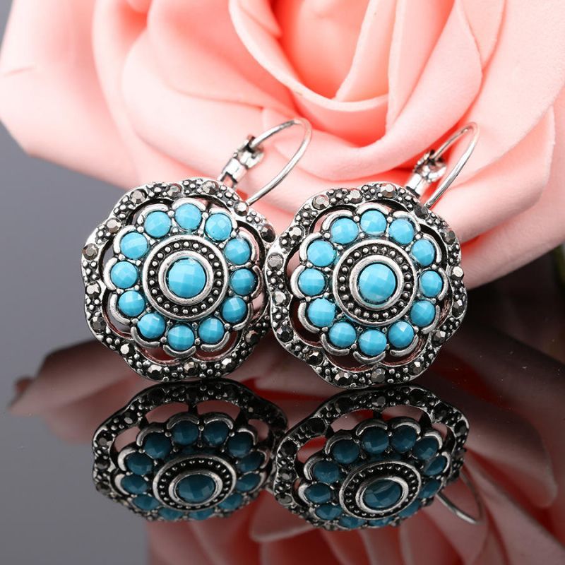 Vintage Oreille Goutte Boucle D'oreille Creux Bleu Fleur Plante Oreille Cerceau Bijoux Ethniques Pour Les Femmes