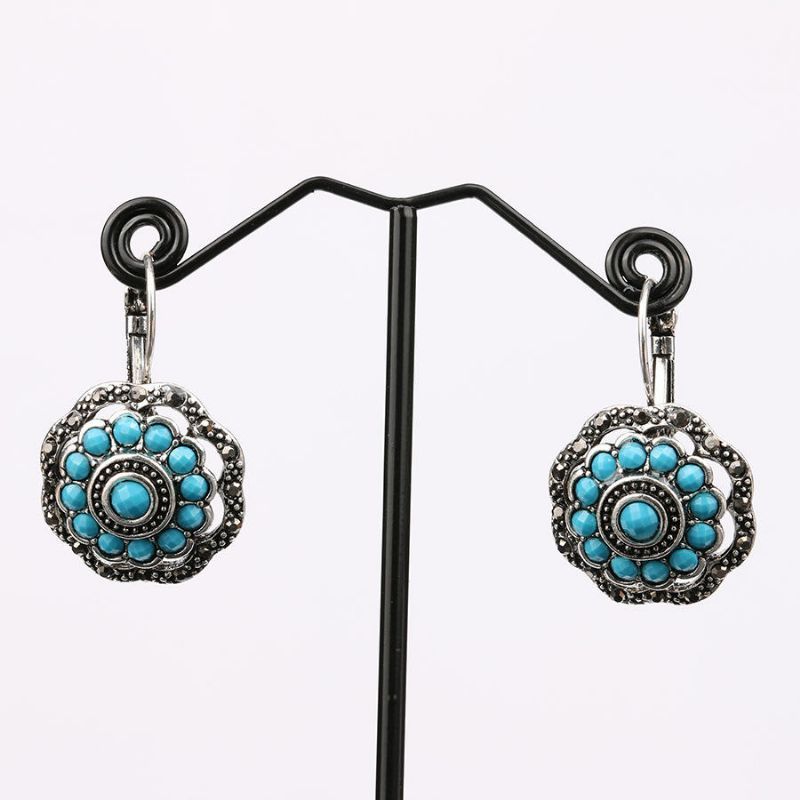 Vintage Oreille Goutte Boucle D'oreille Creux Bleu Fleur Plante Oreille Cerceau Bijoux Ethniques Pour Les Femmes