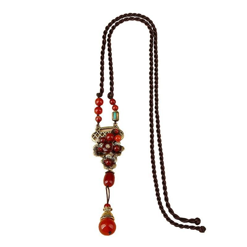 Vintage Rouge Agate Pendentif Alliage Long Collier Style Ethnique Collier Pour Les Femmes