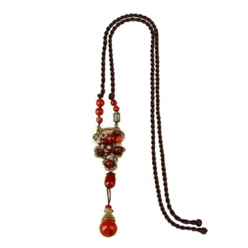 Vintage Rouge Agate Pendentif Alliage Long Collier Style Ethnique Collier Pour Les Femmes