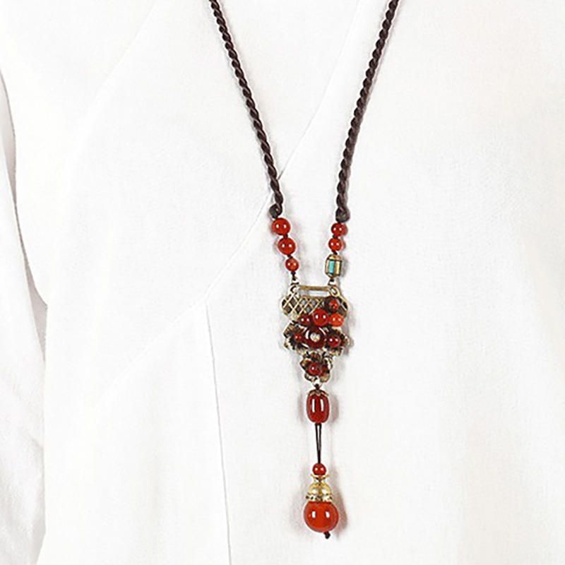 Vintage Rouge Agate Pendentif Alliage Long Collier Style Ethnique Collier Pour Les Femmes