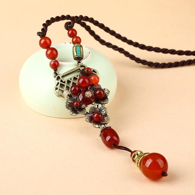 Vintage Rouge Agate Pendentif Alliage Long Collier Style Ethnique Collier Pour Les Femmes