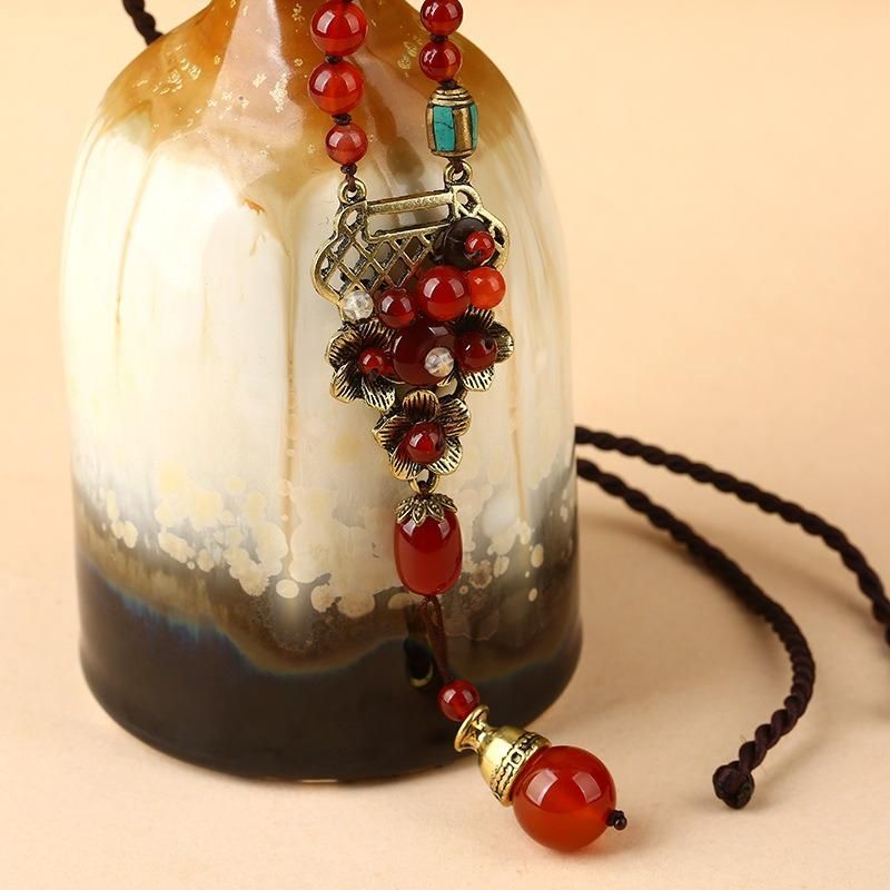 Vintage Rouge Agate Pendentif Alliage Long Collier Style Ethnique Collier Pour Les Femmes